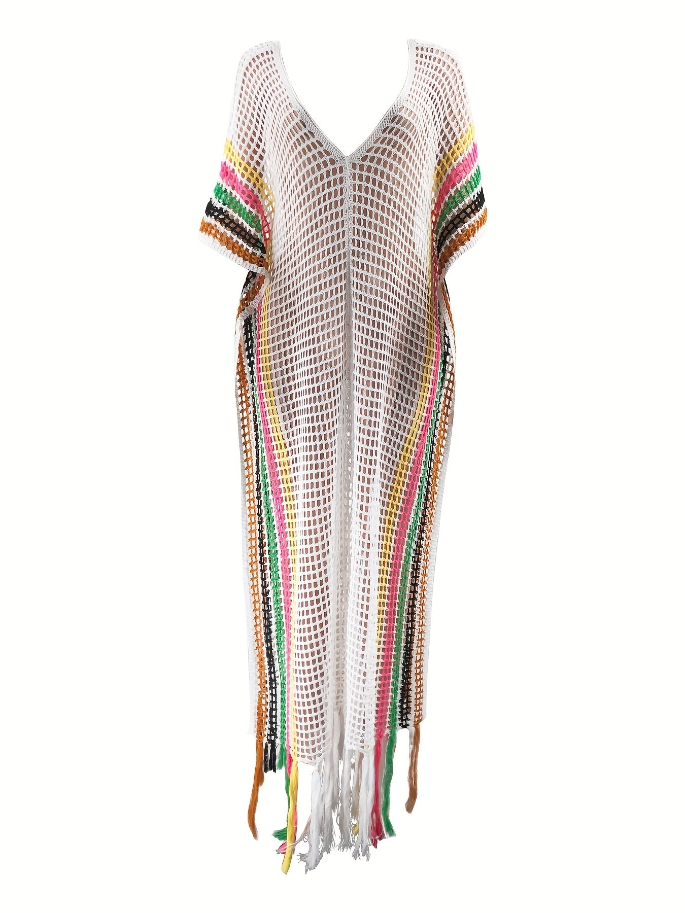 Damen Boho Strand Kaftan Netzkleid mit Fransen – Perfektes Badebekleidungs-Cover-Up