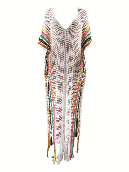Damen Boho Strand Kaftan Netzkleid mit Fransen – Perfektes Badebekleidungs-Cover-Up