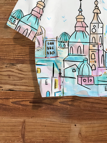 Herren Freizeit Hemd mit künstlerischem Stadtmotiv, Kurzarm, Modernes Design