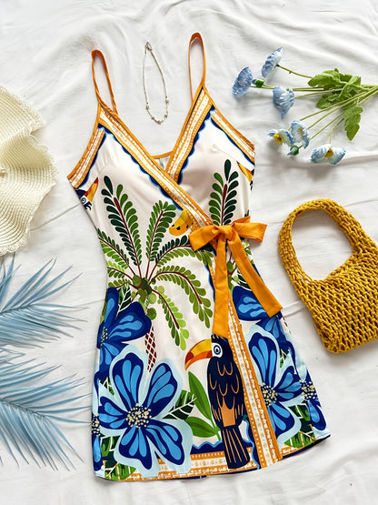 Damen Sommer Wickelkleid mit tropischem Print und Blumenmuster – Ideal für Urlaub und Freizeit