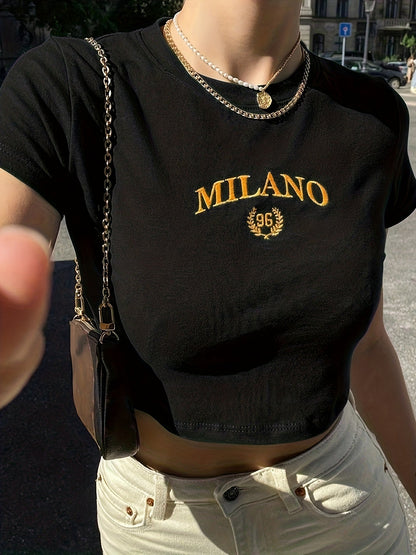 Damen Crop T-Shirt Milano Stickerei Y2K Streetwear
