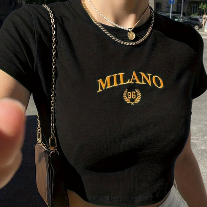 Damen Crop T-Shirt Milano Stickerei Y2K Streetwear