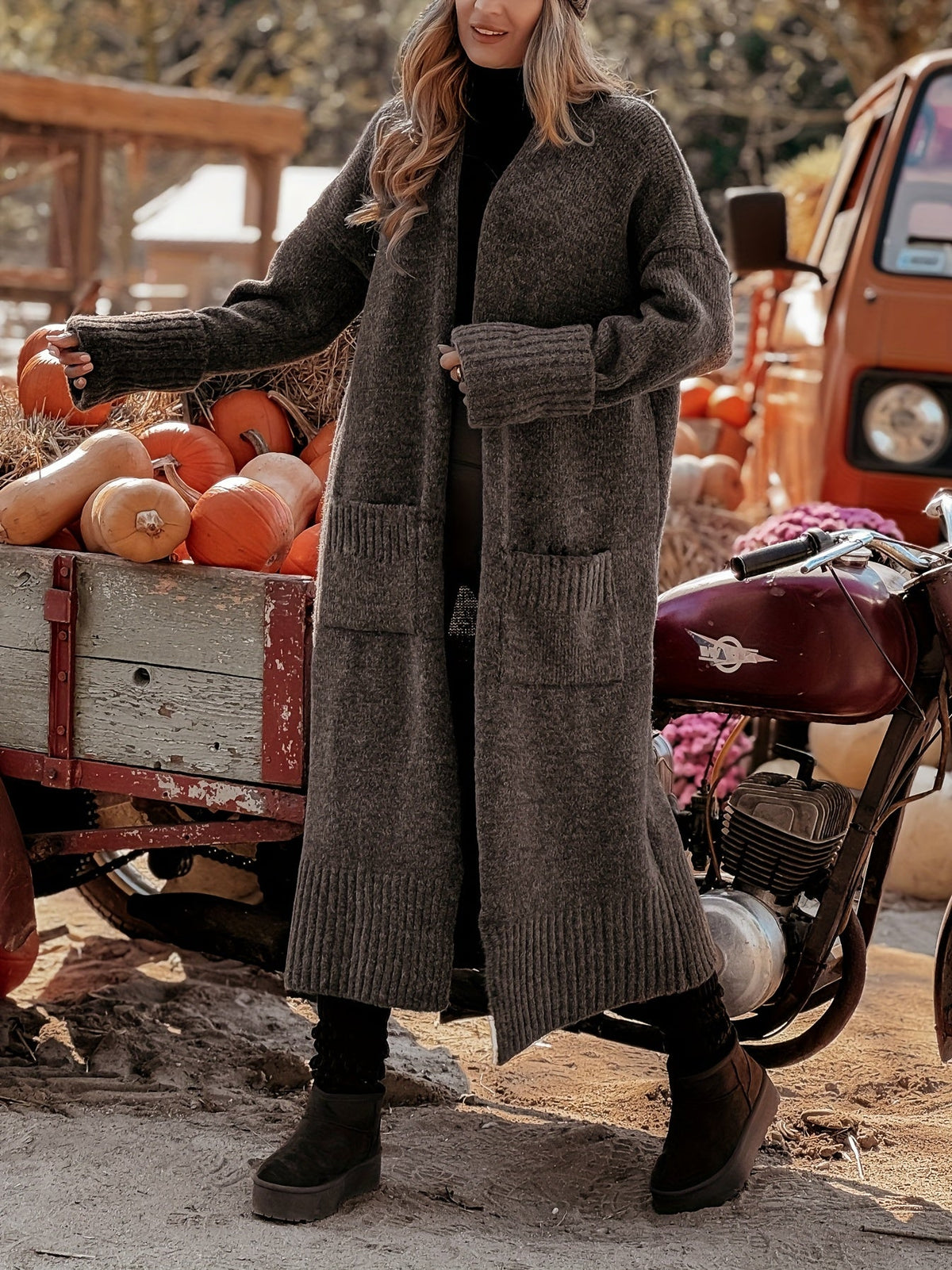Damen Langer Strick-Cardigan mit Taschen und langen Ärmeln Braun
