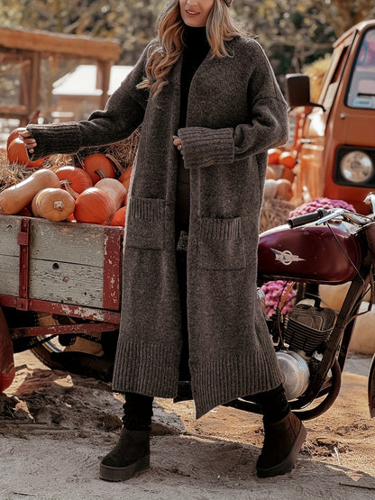 Damen Langer Strick-Cardigan mit Taschen und langen Ärmeln Braun