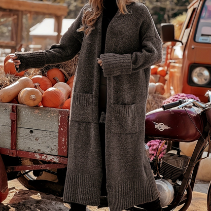 Damen Langer Strick-Cardigan mit Taschen und langen Ärmeln Braun