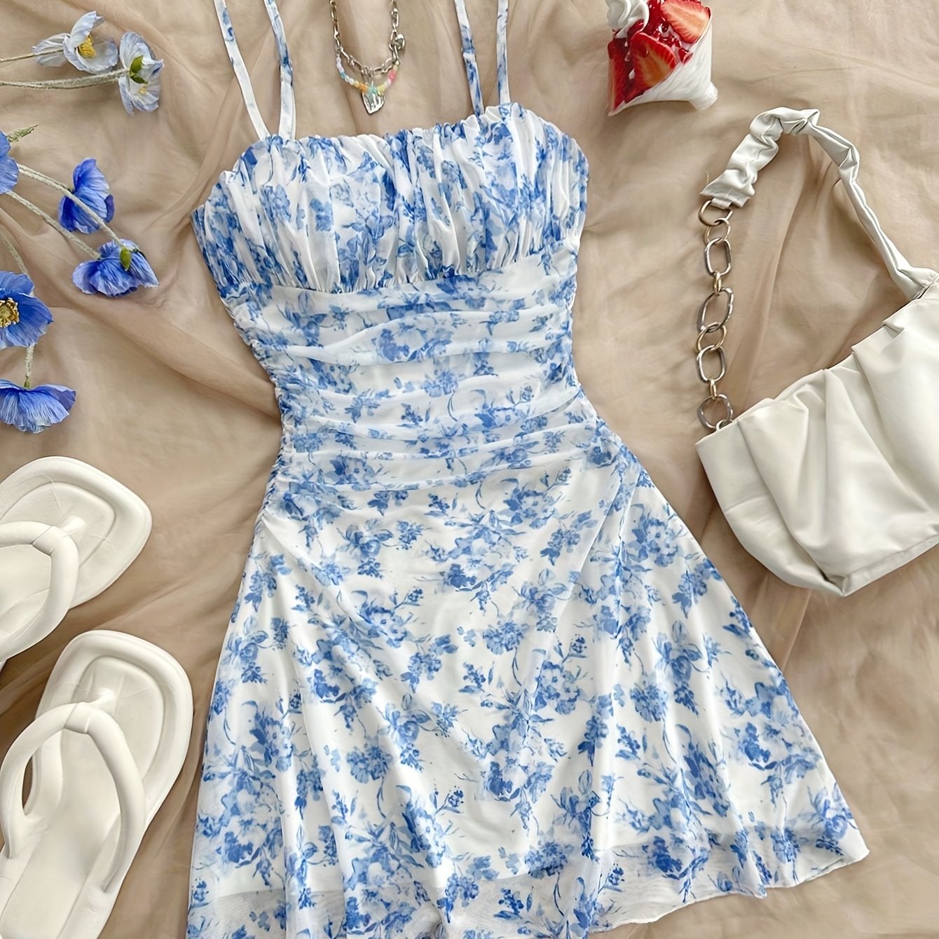 Damen Sommerkleid Elegant mit Trägern und Blumenmuster – Perfekt für Freizeit und Urlaub