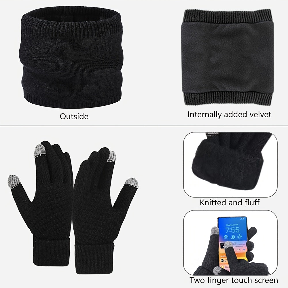 Winter Mütze Schal Handschuhe Set, Strickmütze mit Ohrenklappen, Nackenwärmer & Touchscreen-Handschuhe