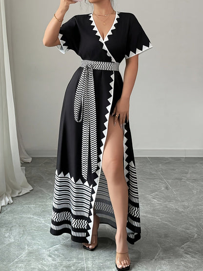 Damen Maxi Wickelkleid mit grafischem Muster und Bindegürtel – Eleganter Look für besondere Anlässe