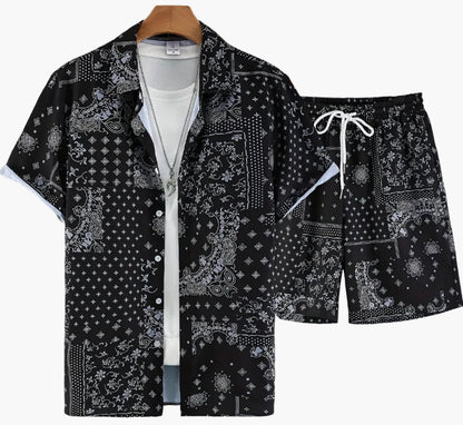 Herren Kurzarm Freizeit Set mit Bandana-Print – Hemd und Shorts, Sommer Outfit, Lässige Mode