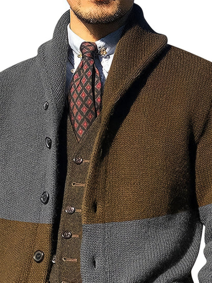 Herren Strickjacke mit Schalkragen, Zweifarbig, Knopfleiste, Lange Ärmel