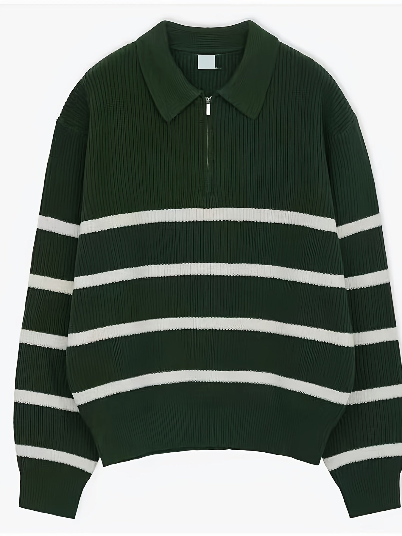 Unisex Langarm Poloshirt mit Reißverschluss, gestreift, gerippt, lockere Passform