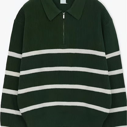 Unisex Langarm Poloshirt mit Reißverschluss, gestreift, gerippt, lockere Passform
