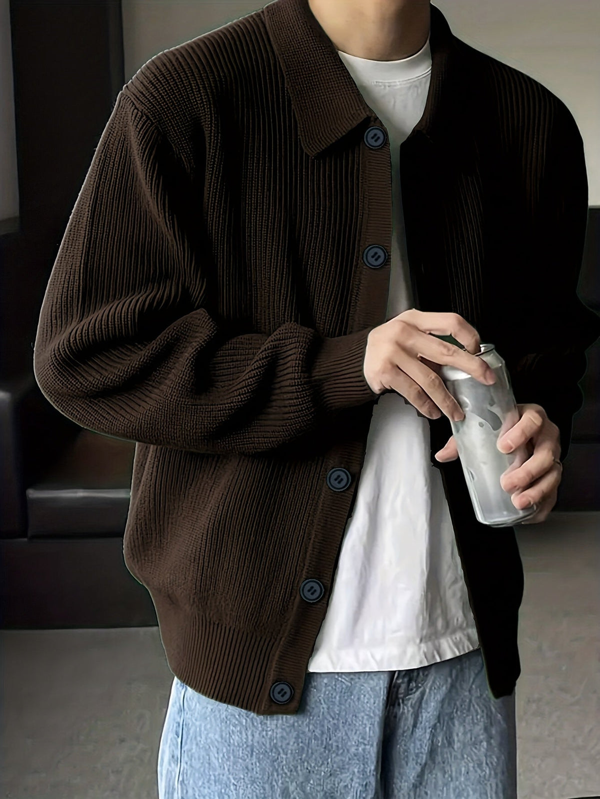 Gerippter Herren Cardigan mit Kragen und Knopfleiste, lässige Strickjacke für Männer