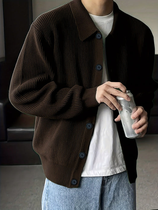Gerippter Herren Cardigan mit Kragen und Knopfleiste, lässige Strickjacke für Männer
