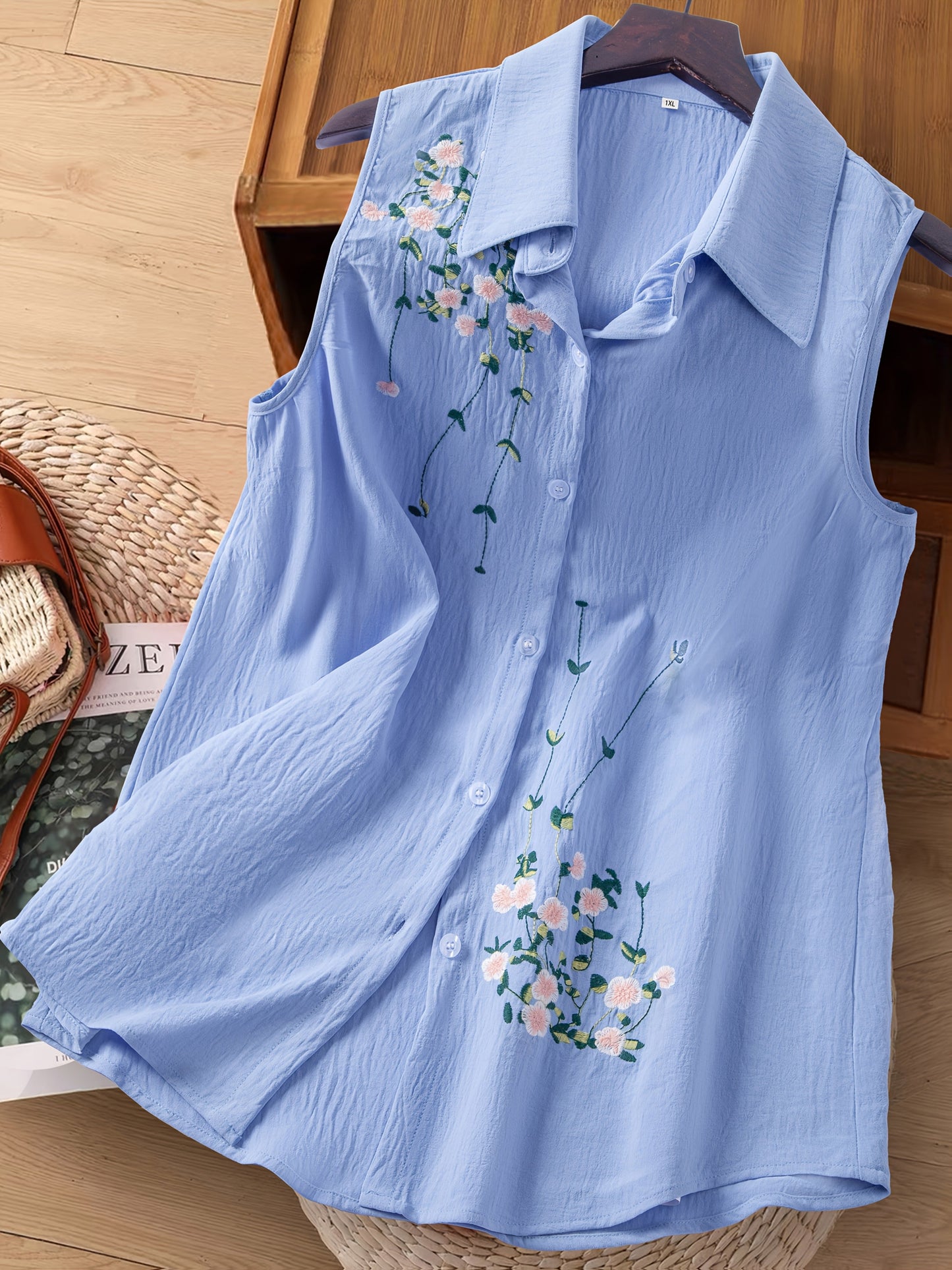 Damen ärmellose Bluse mit Stickerei – Eleganter Freizeitstil für Büro & Alltag