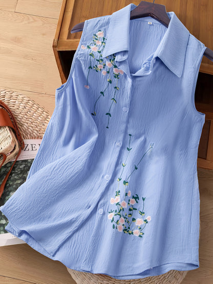 Damen ärmellose Bluse mit Stickerei – Eleganter Freizeitstil für Büro & Alltag