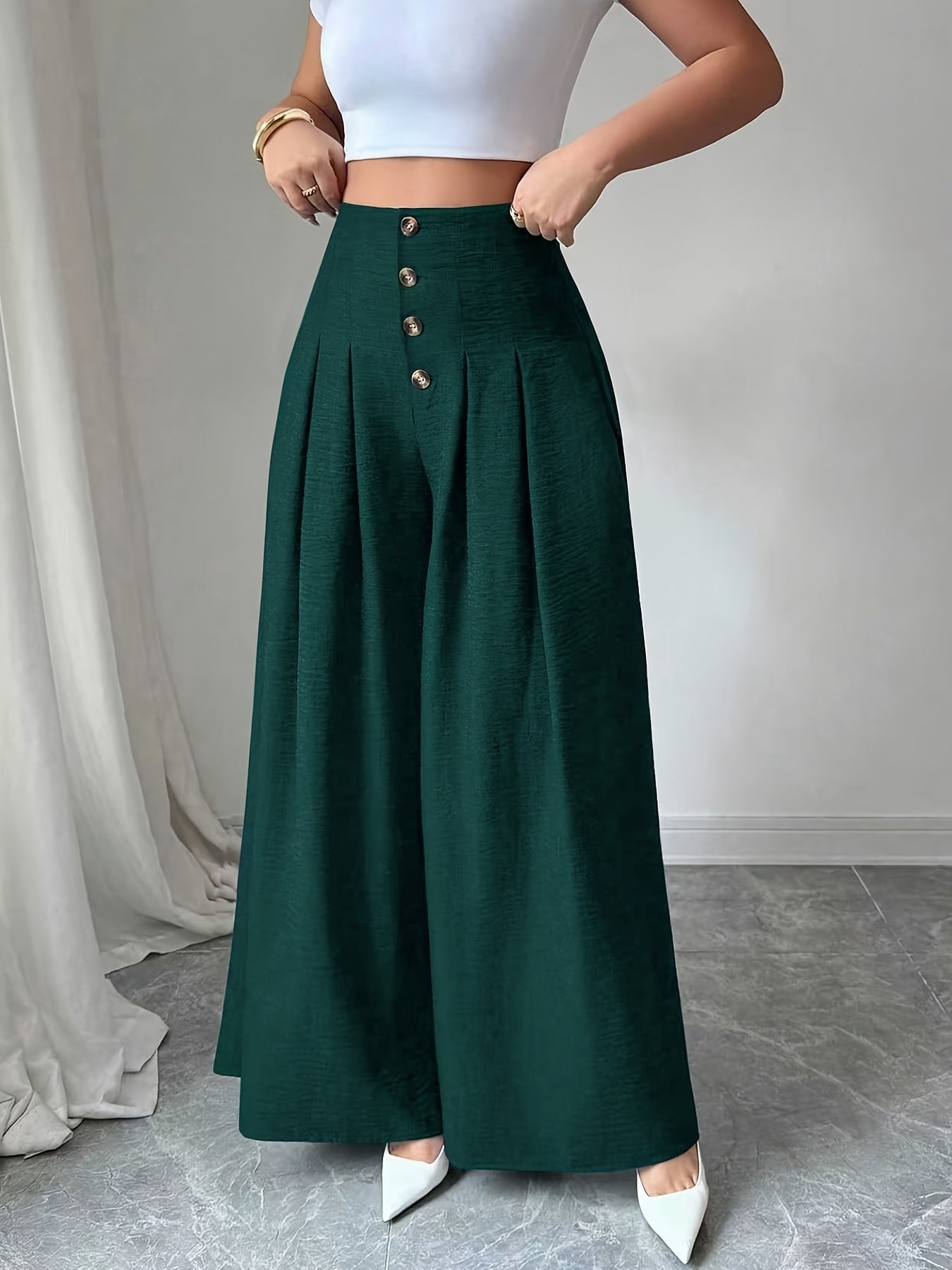 Damen Weitbeinige High-Waist Hose mit Knopfdetail und Eleganten Falten – Modische Business- und Freizeit-Hose