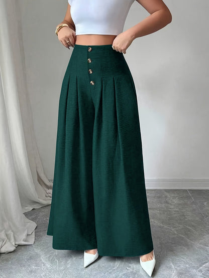 Damen Weitbeinige High-Waist Hose mit Knopfdetail und Eleganten Falten – Modische Business- und Freizeit-Hose