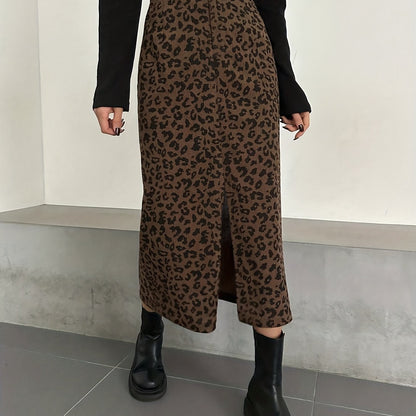 Damen Midi Rock mit Leopardenmuster und Schlitz, Rippstruktur