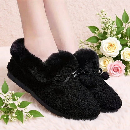 Damen Hausschuhe Plüsch Slipper mit Schleife, Schwarz