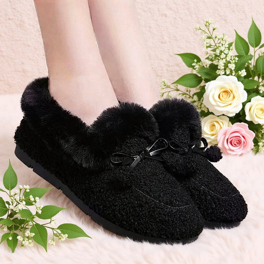 Damen Hausschuhe Plüsch Slipper mit Schleife, Schwarz