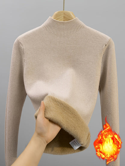 Damen Rippstrick Pullover Stehkragen mit flauschigem Innenfutter Beige