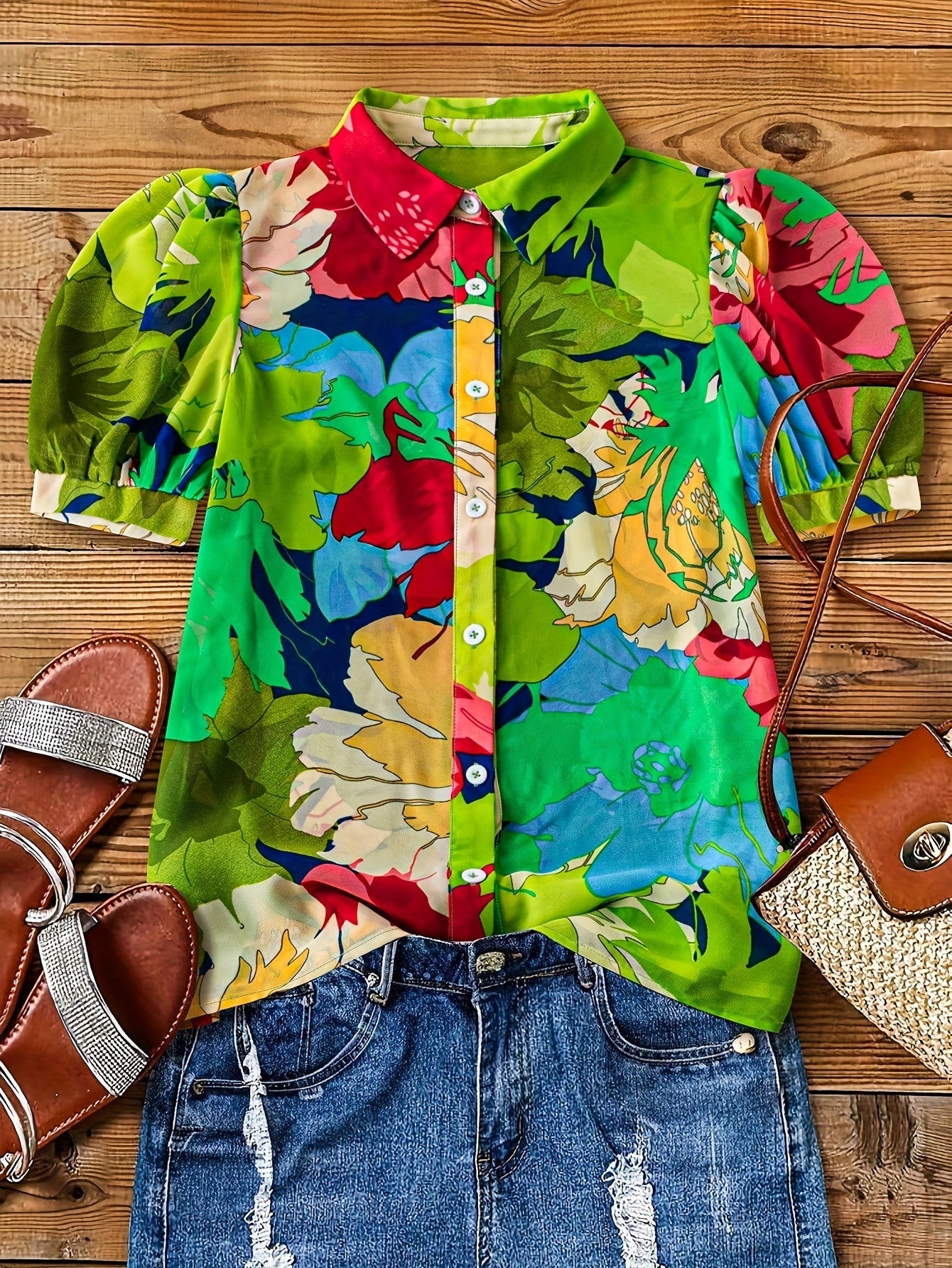 Damen Bluse mit auffälligem Blumenmuster und Puffärmeln – Modische Freizeithemd mit Knopfleiste