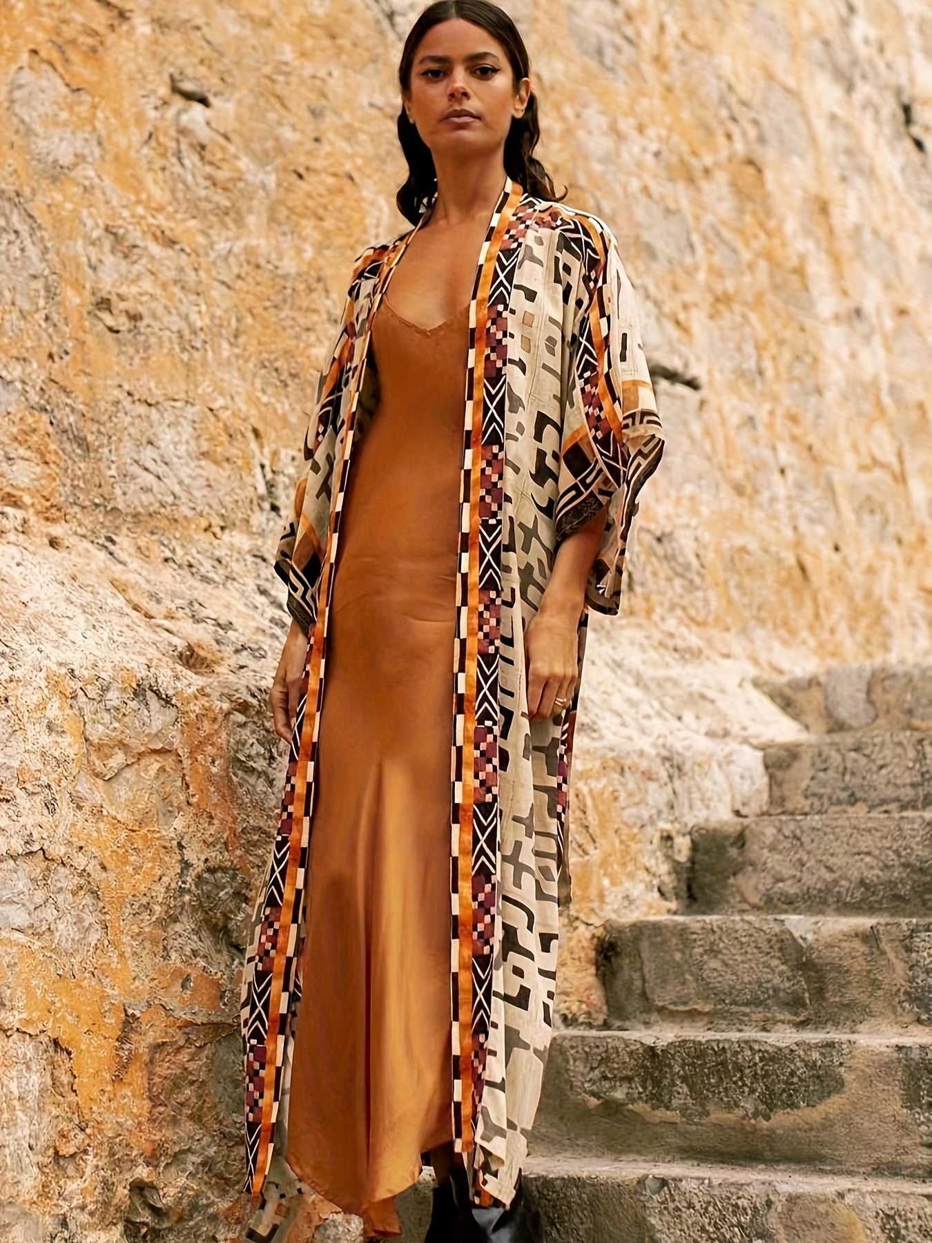 Damen Kimono Lang Boho Stil mit Ethno-Muster – Eleganter Überwurf für Strand, Zuhause & Freizeit