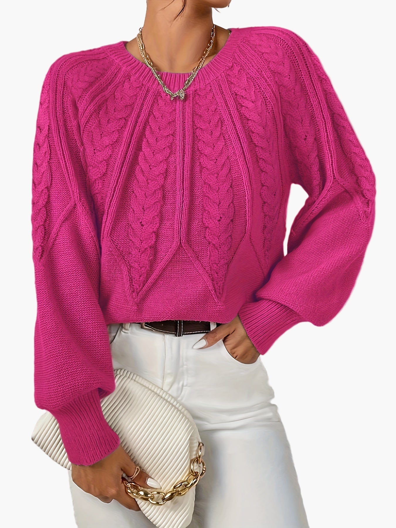 Damen Strickpullover mit Zopfmuster und Rundhalsausschnitt – Eleganter Alltagslook für Frühling & Herbst