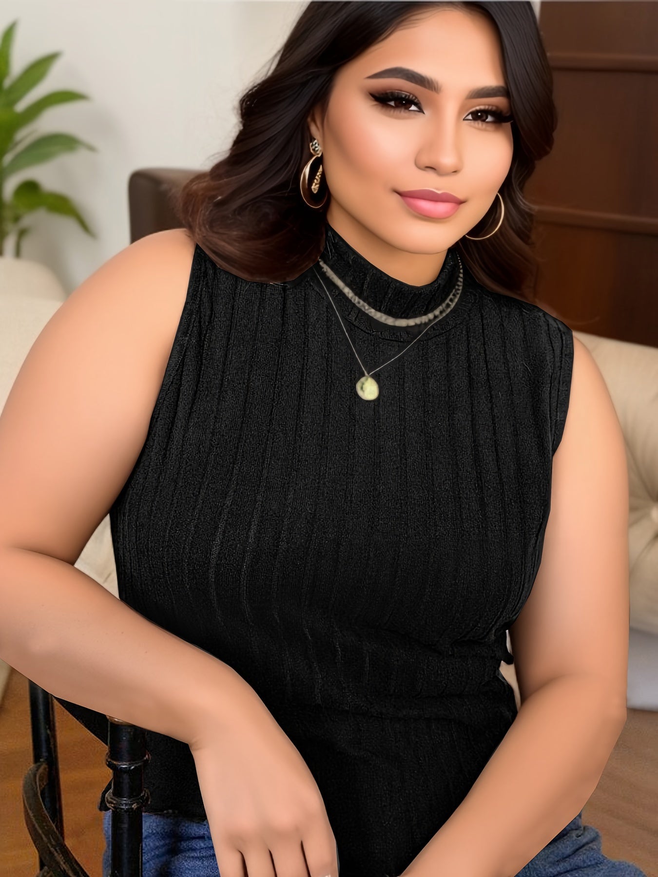 Damen Ärmelloses Stricktop mit Stehkragen – Eleganter Freizeit-Look, Plus Size