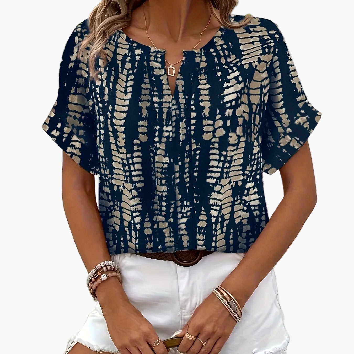 Damen Elegante Kurzarm Bluse mit Modernem Print – Perfekt für Freizeit und Büro