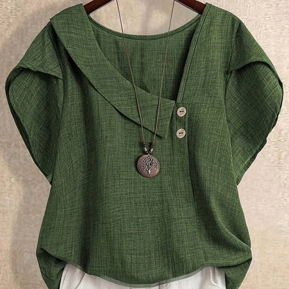 Damen Tunika Bluse mit asymmetrischem Ausschnitt und Knopfdetail – Künstlerischer Casual Look