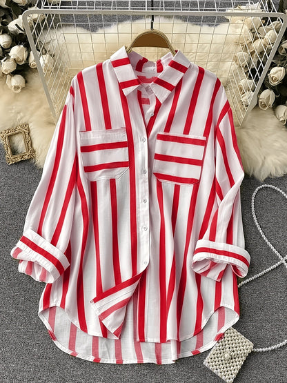 Damen Streifen-Bluse im Boyfriend-Stil mit Knopfleiste und Brusttaschen – Elegante Freizeit- und Businessmode