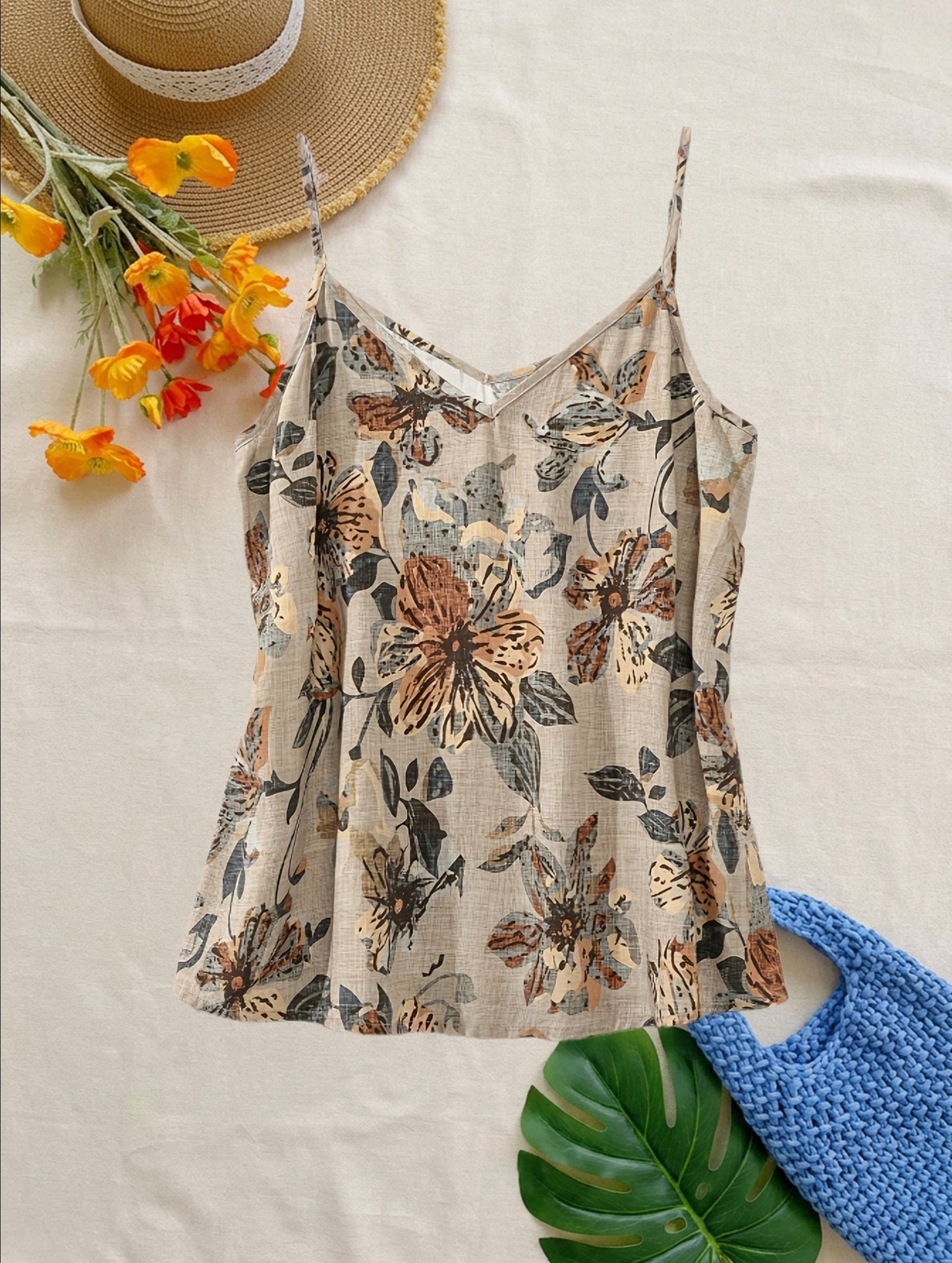 Damen Blumen-Top mit Spaghettiträgern und V-Ausschnitt – Sommerlich, Elegant, Ideal für Freizeit & Urlaub