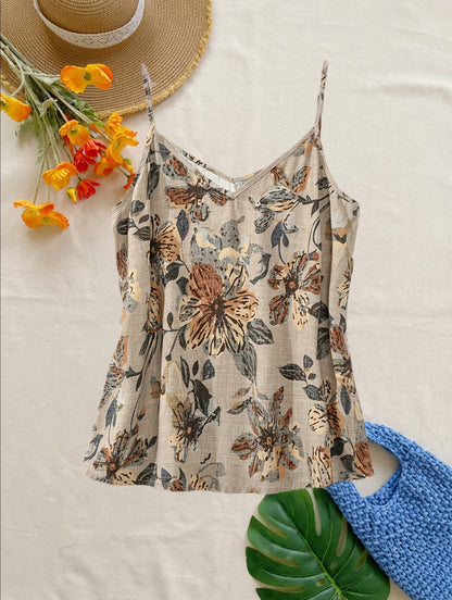Damen Blumen-Top mit Spaghettiträgern und V-Ausschnitt – Sommerlich, Elegant, Ideal für Freizeit & Urlaub