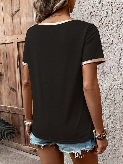 Damen T-Shirt mit Herz-Print und Metallic-Details – Modisches Freizeitshirt mit V-Ausschnitt