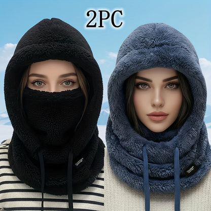 Fleece Kapuzen-Halstuch mit Gesichtsbedeckung und Kordelzug, Winter Schal Mütze Halswärmer Set