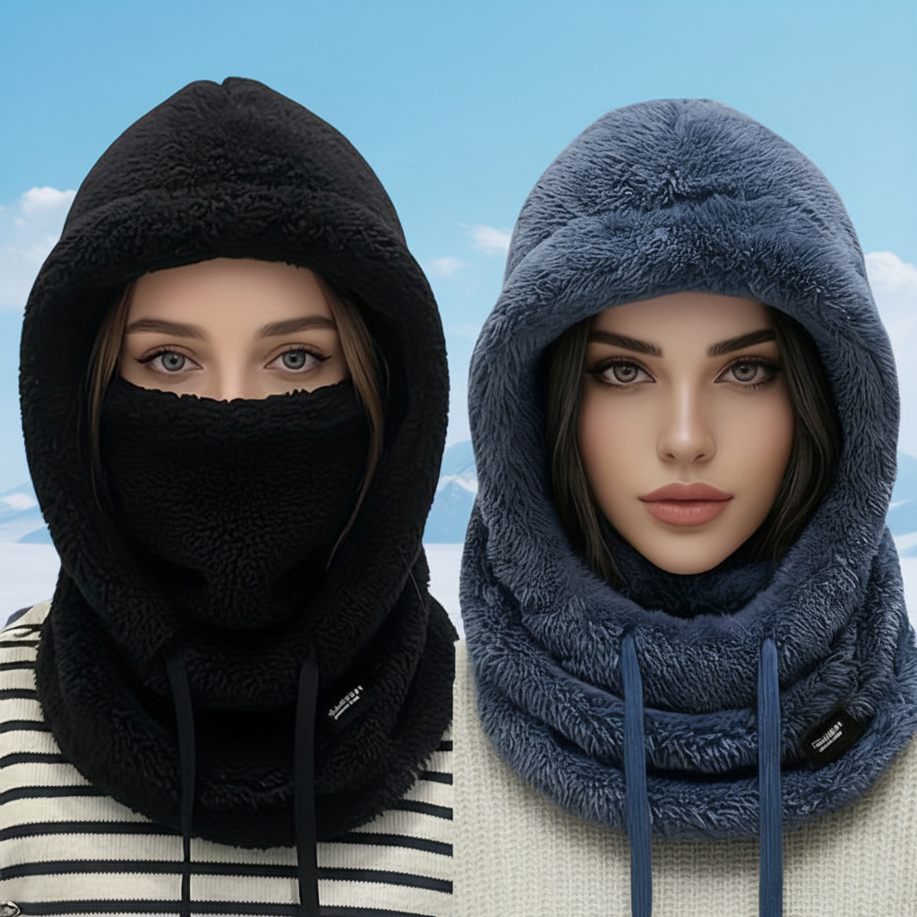 Fleece Kapuzen-Halstuch mit Gesichtsbedeckung und Kordelzug, Winter Schal Mütze Halswärmer Set