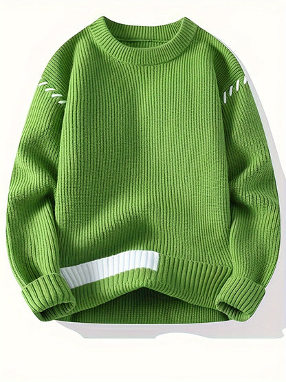 Unisex Rippstrick Pullover Rundhals mit Streifenmuster an Ärmeln und Saum