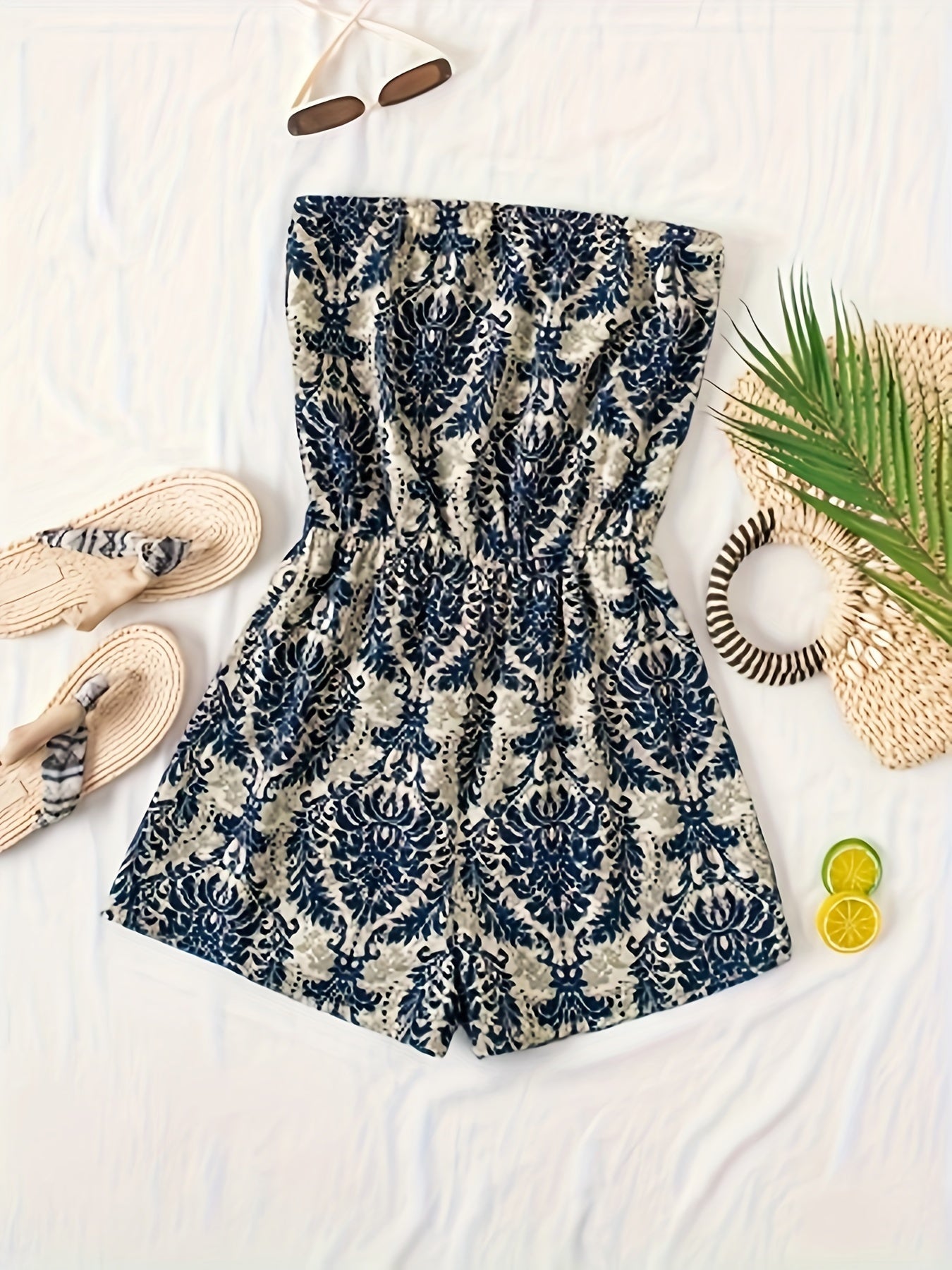 Damen Jumpsuit Bandeau Kurz Einteiler mit Damastmuster – Eleganter Sommer Overall für Urlaub & Freizeit