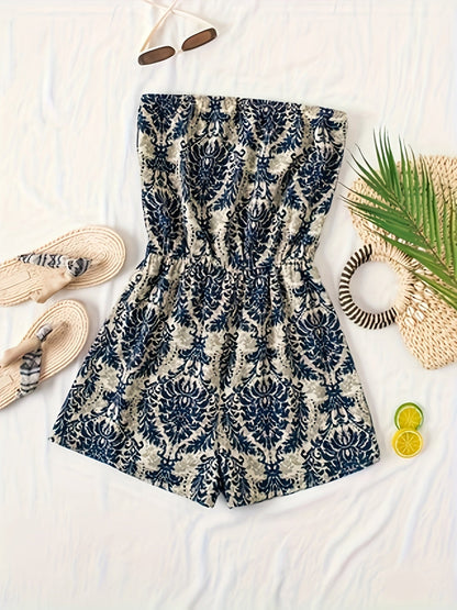 Damen Jumpsuit Bandeau Kurz Einteiler mit Damastmuster – Eleganter Sommer Overall für Urlaub & Freizeit