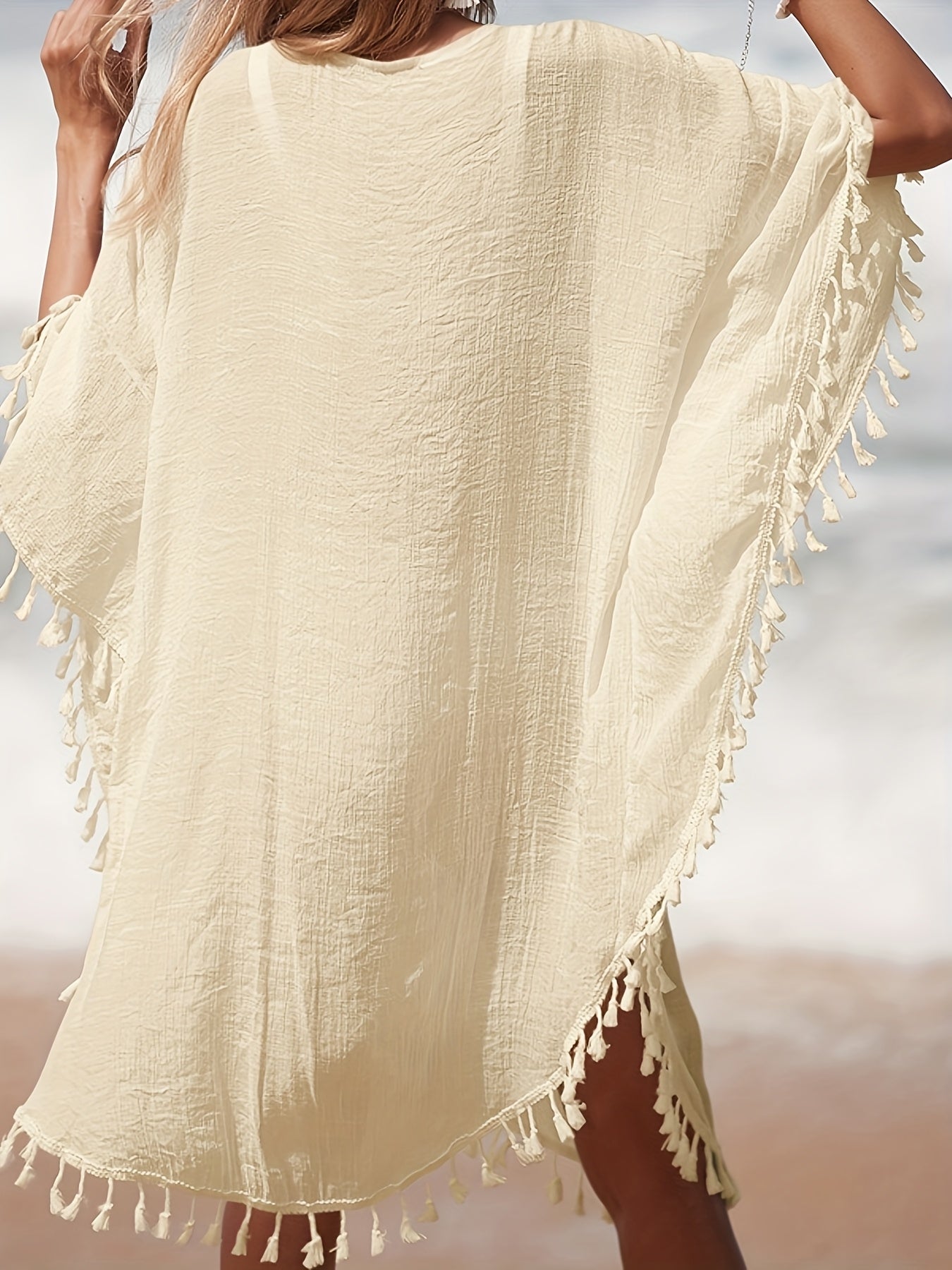 Damen Strand Kaftan Poncho mit Häkel-Details und Fransen – Eleganter Badeüberwurf