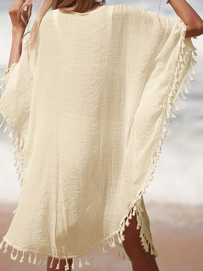 Damen Strand Kaftan Poncho mit Häkel-Details und Fransen – Eleganter Badeüberwurf