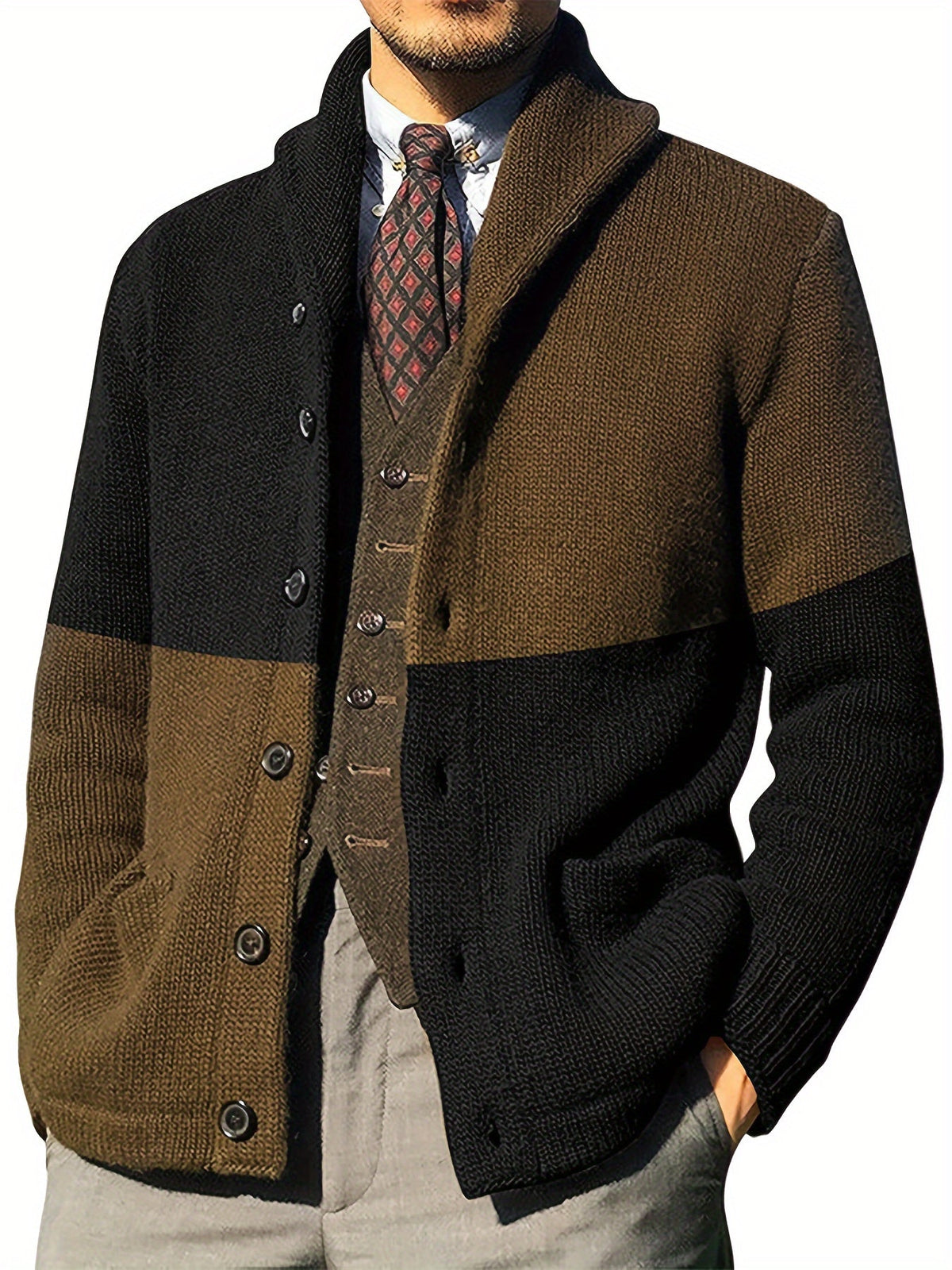 Herren Strickjacke mit Schalkragen, Zweifarbig, Knopfleiste, Lange Ärmel