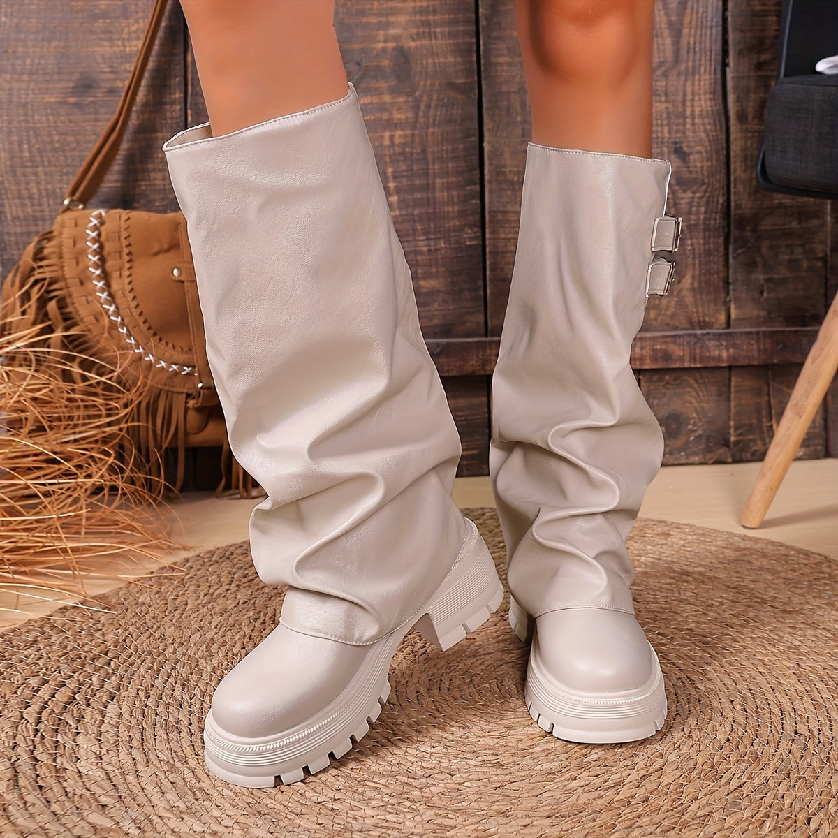 Damen Stiefel chunky Sohle seitlicher Reißverschluss Schnallen kniehoch Schwarz Beige