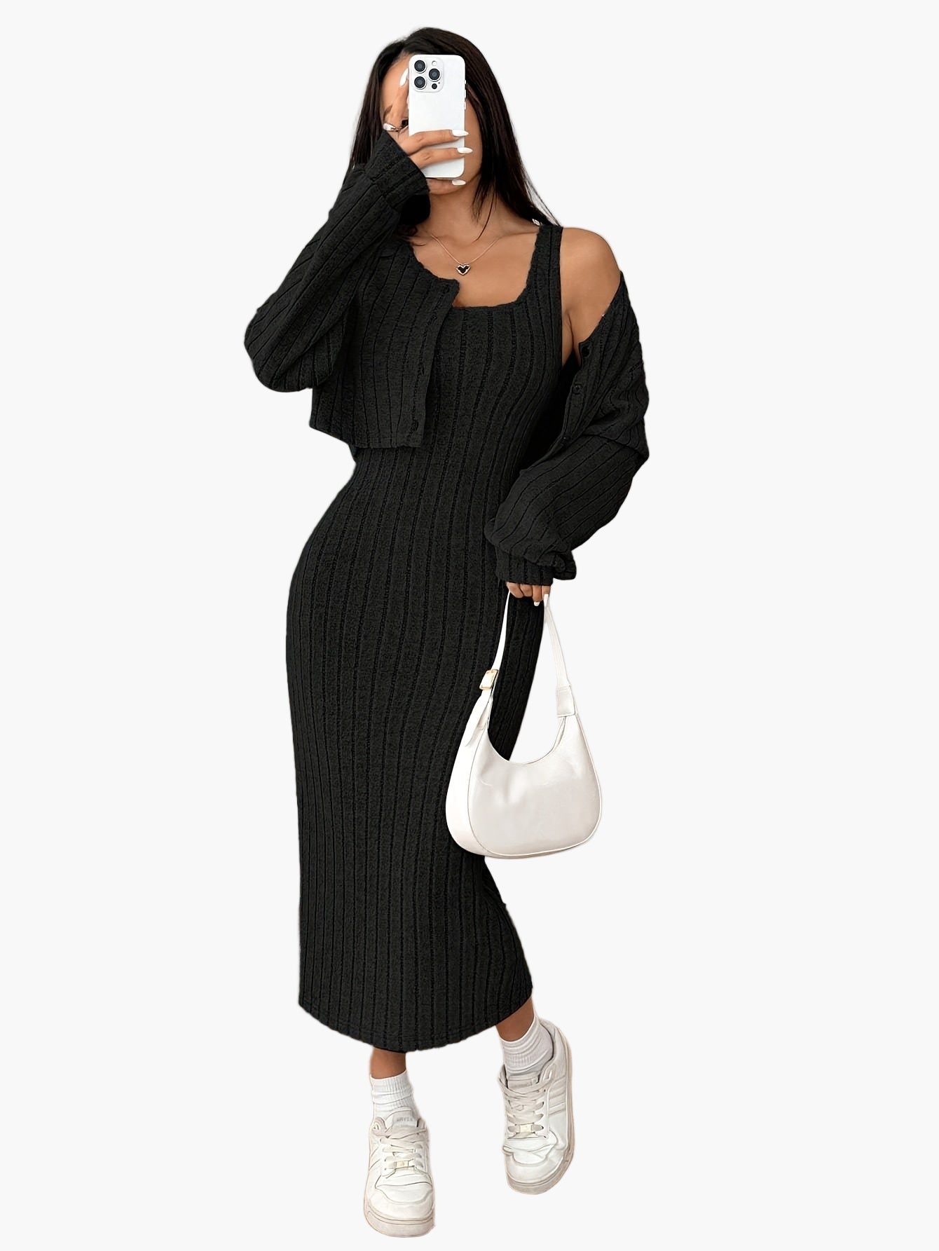 Damen Strickkleid Set Elegant Zweiteiler mit Knopfleiste – Modisch & Vielseitig für Alltag und Freizeit
