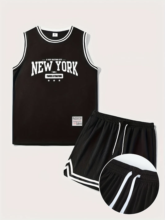 Herren Basketball Set Sport Outfit New York Print – Ärmelloses Trikot & Shorts, Freizeit & Training
