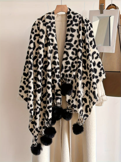 Damen Schal mit Leopardenmuster und Bommeln Weiches Material Animal Print Warmer Umhang