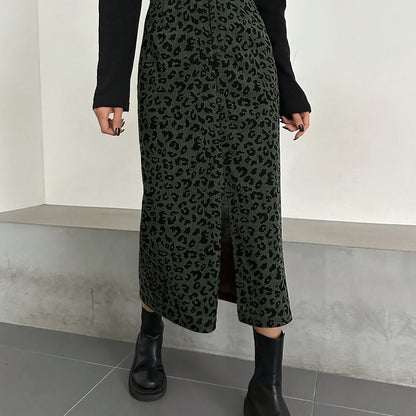 Damen Midi Rock mit Leopardenmuster und Schlitz, Rippstruktur