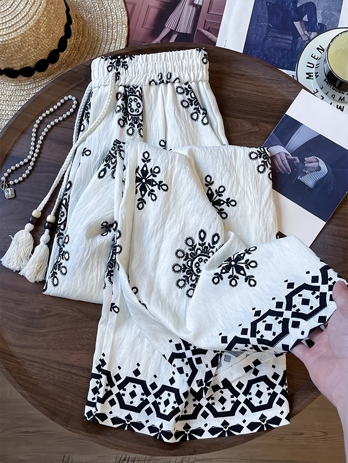 Damen Palazzo-Hose mit Boho-Stickerei und lässigem Schnitt